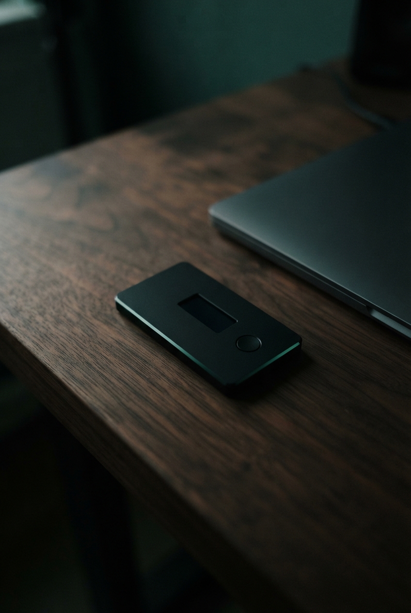 Small black electronic device with a recessed slot and round button on a wooden desk beside a laptop.